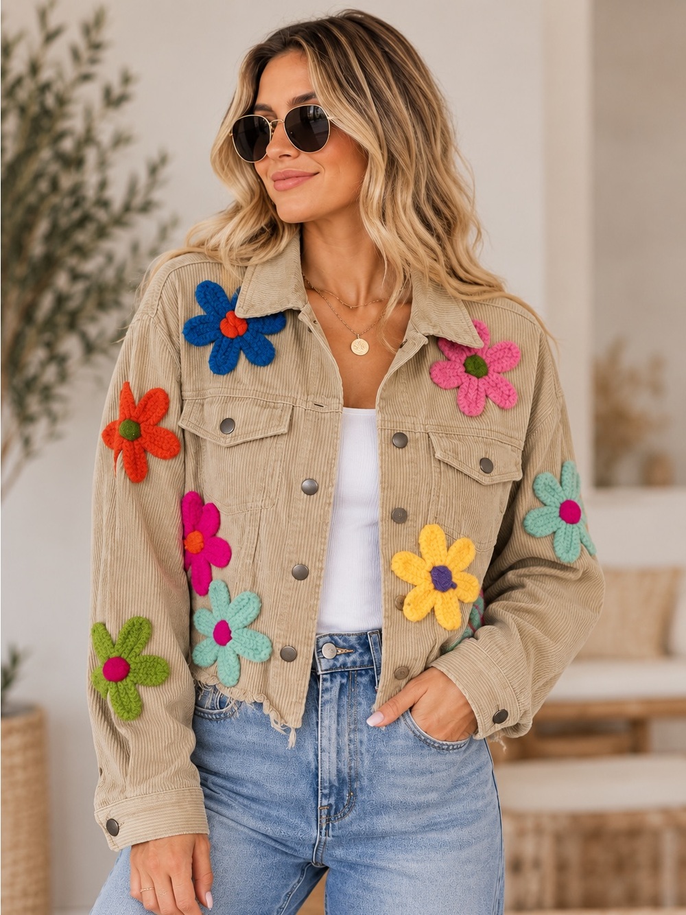 BiBi Floral Patchwork Corduroy Cropped Jacket (091222) 🌼 ☮️